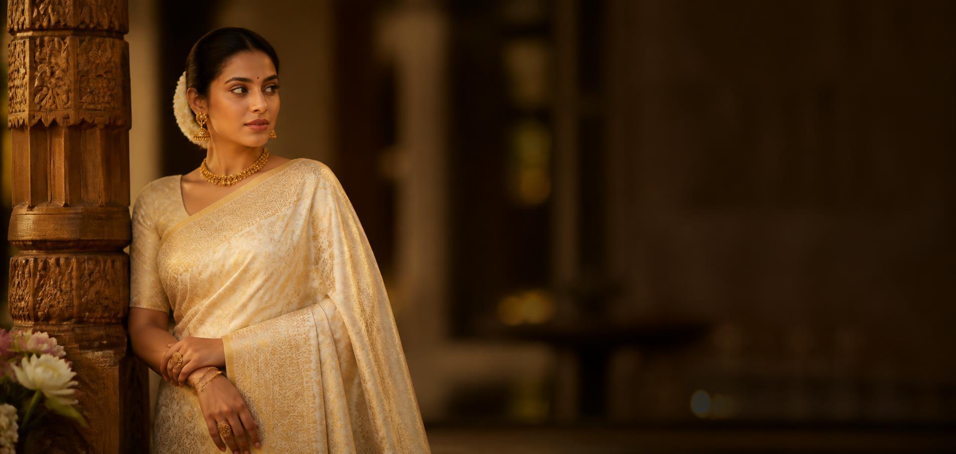 Woman in an ivory and gold handwoven silk saree