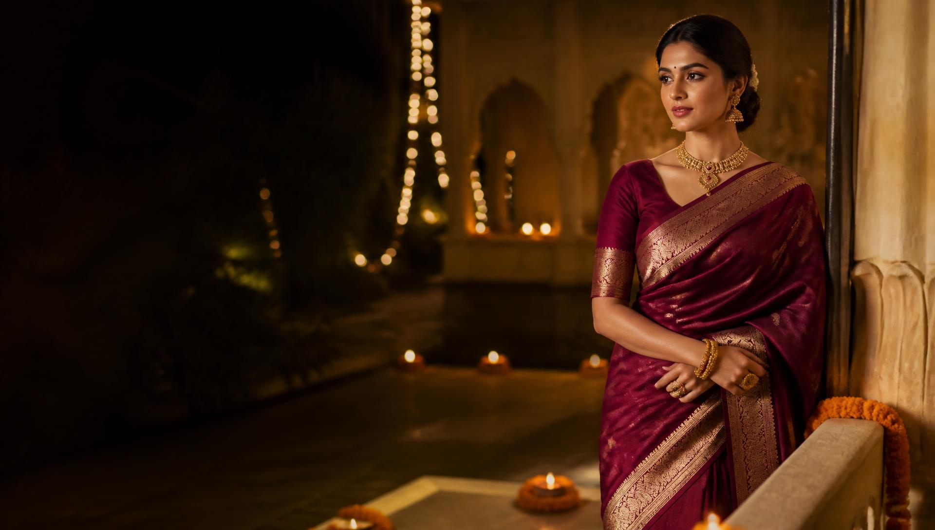 Woman in a maroon silk saree in a warm festive interior