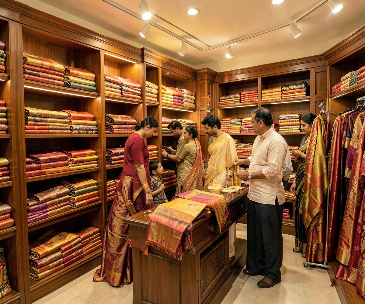Inside a Sri Vaibhavam store with shelves of silk sarees