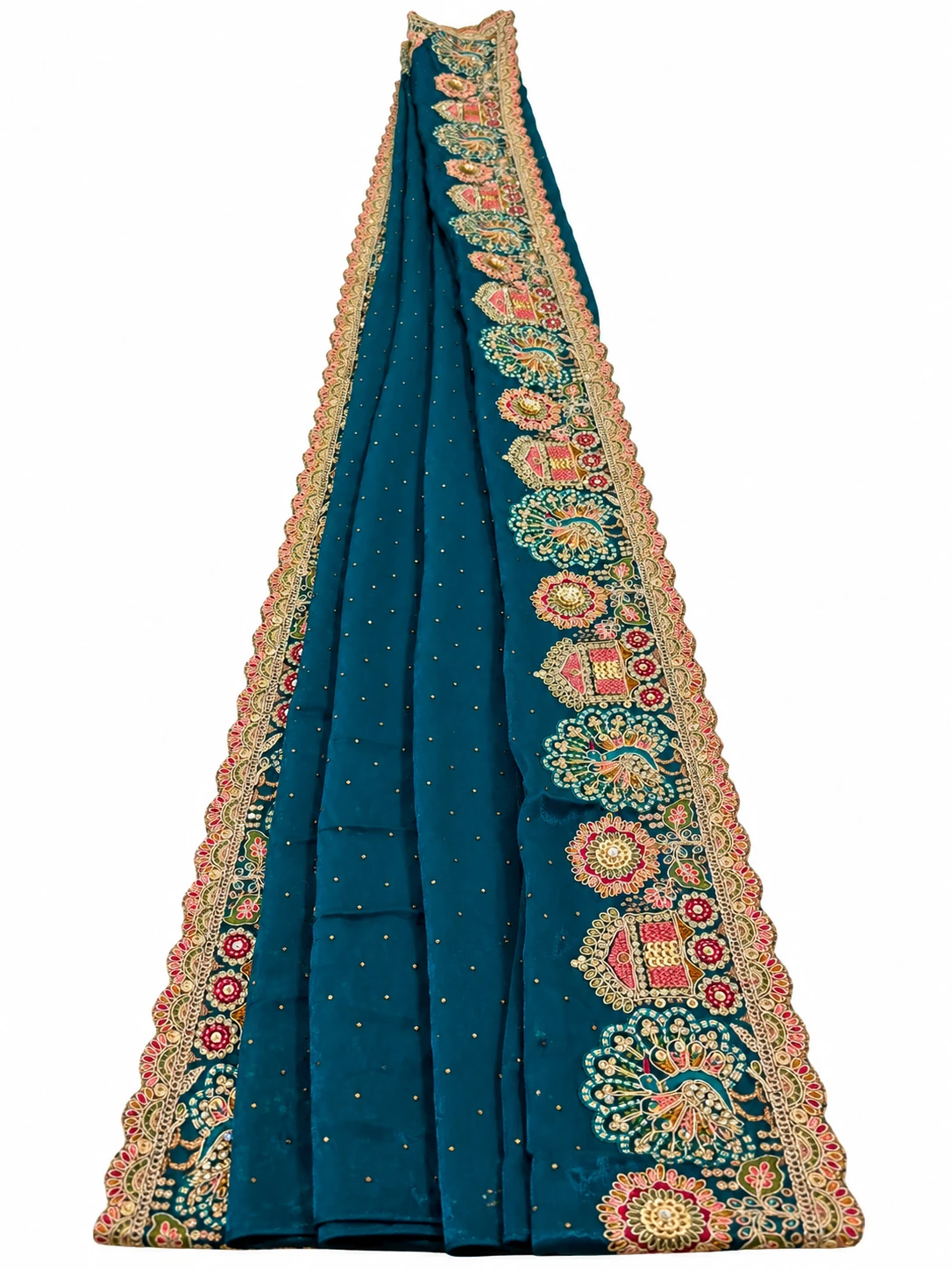 Royal Peacock Teal Blue Embroidered Mercedes Saree