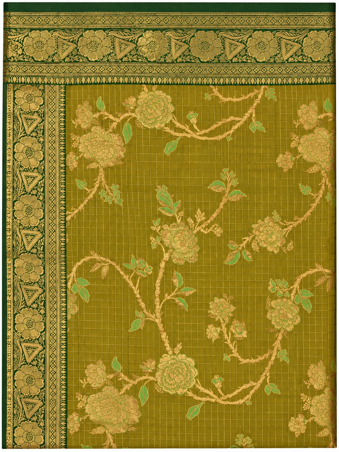 Olive Gold Saree with Dark Green Floral Border, view 3