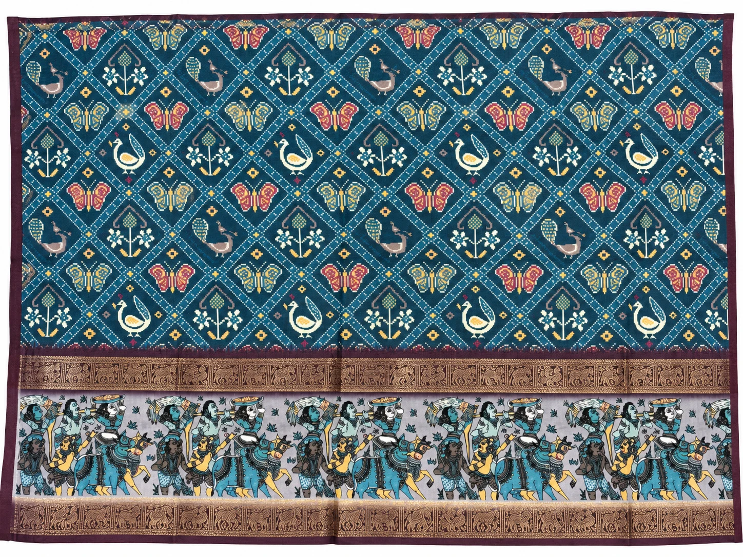 Teal Blue Designer Saree with Traditional Folk Art Border, view 4