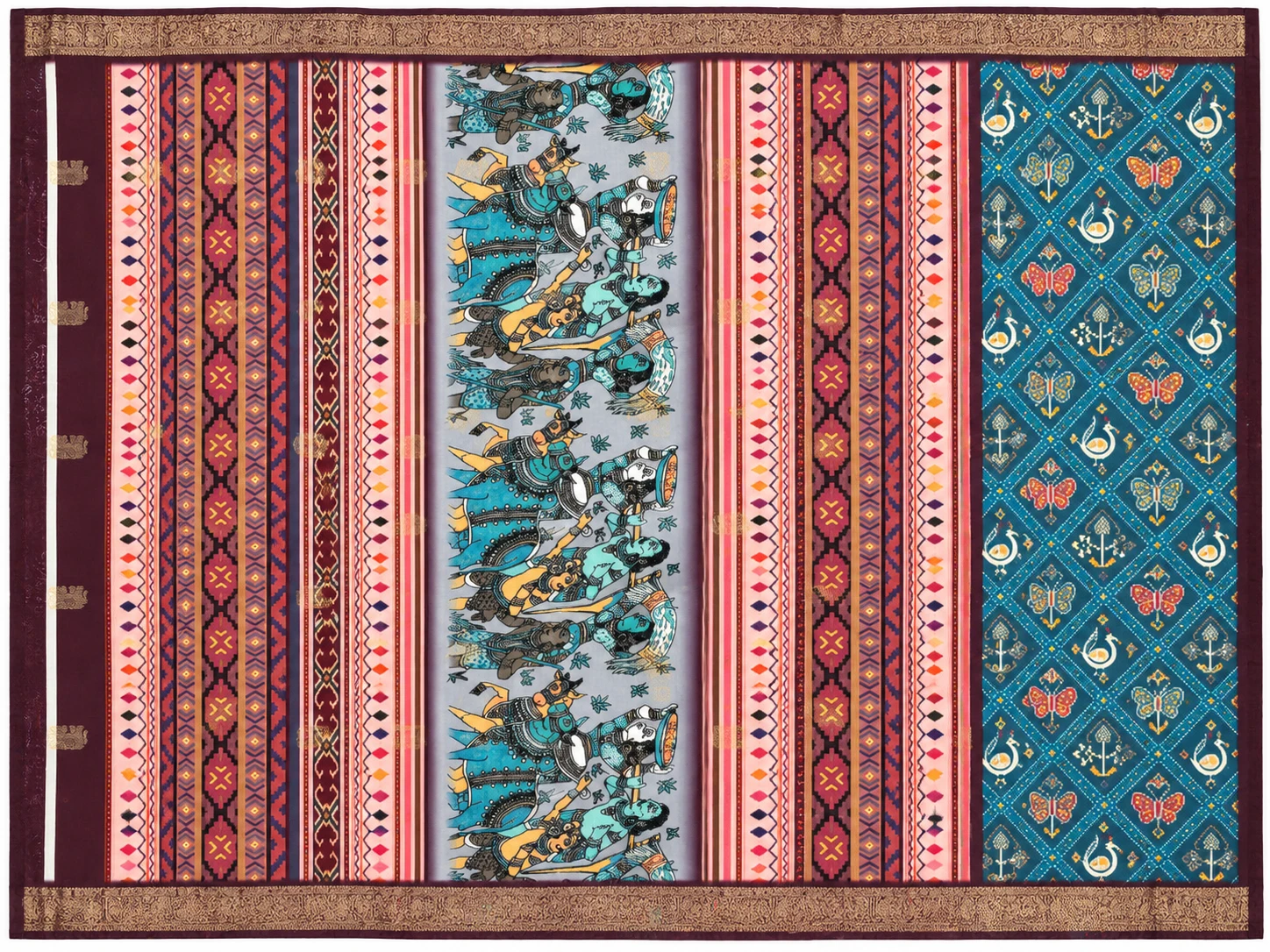 Teal Blue Designer Saree with Traditional Folk Art Border, view 3