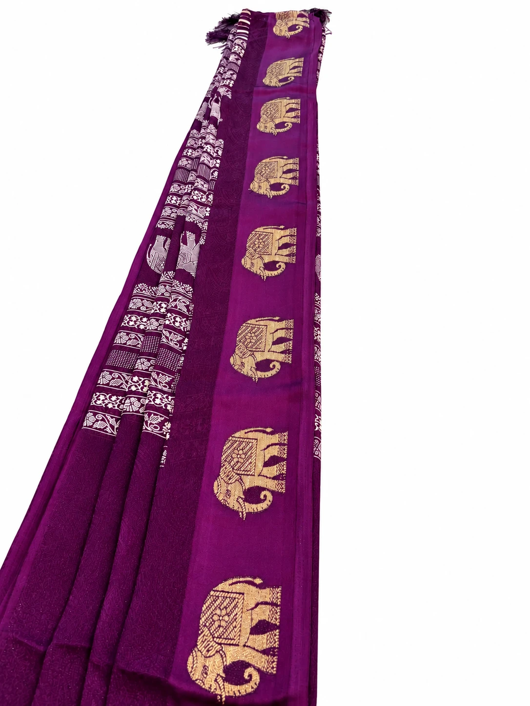 Kaseb Silk Wine Purple Saree with Golden Elephant Border