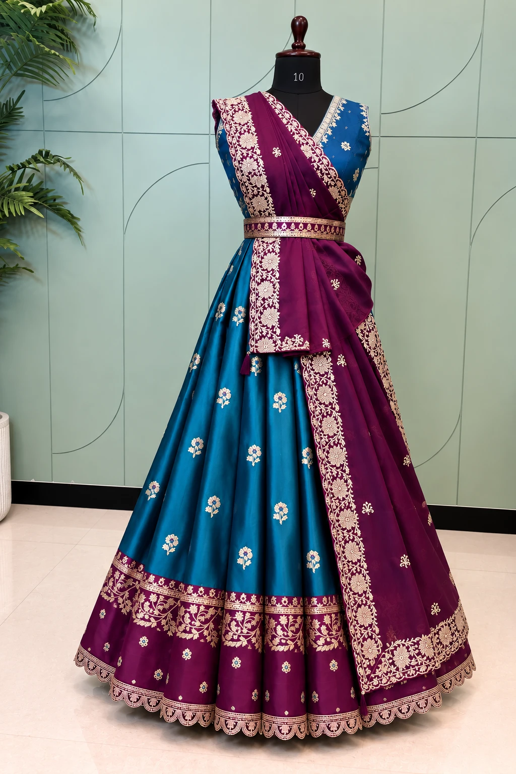 Teal Blue & Wine Purple Embroidered Half Saree