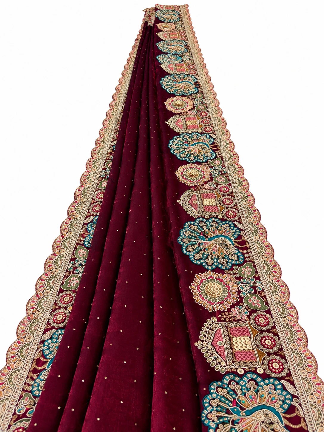 Royal Wine Maroon Peacock Embroidered Saree