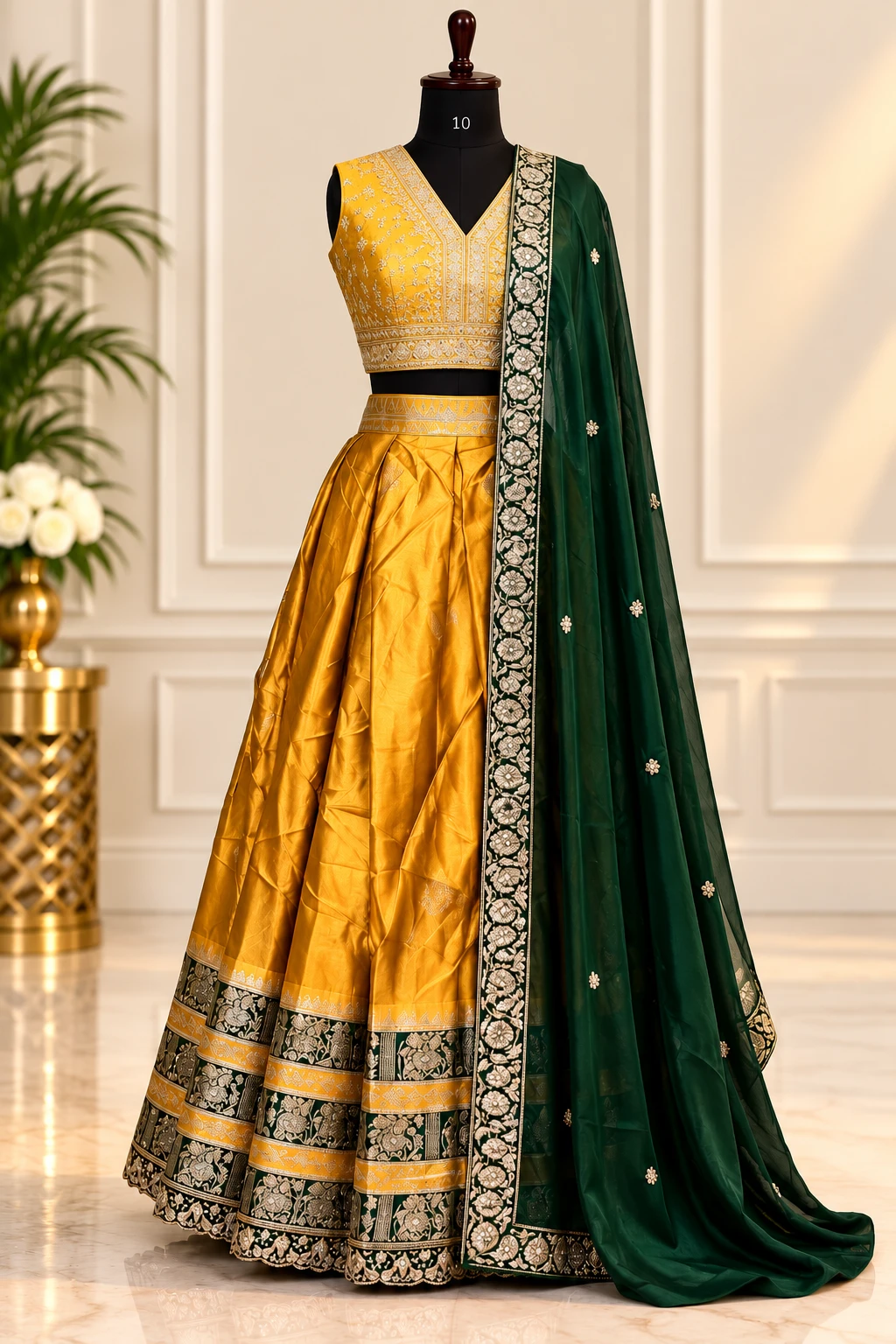 Royal Mustard Gold & Emerald Green Half Saree