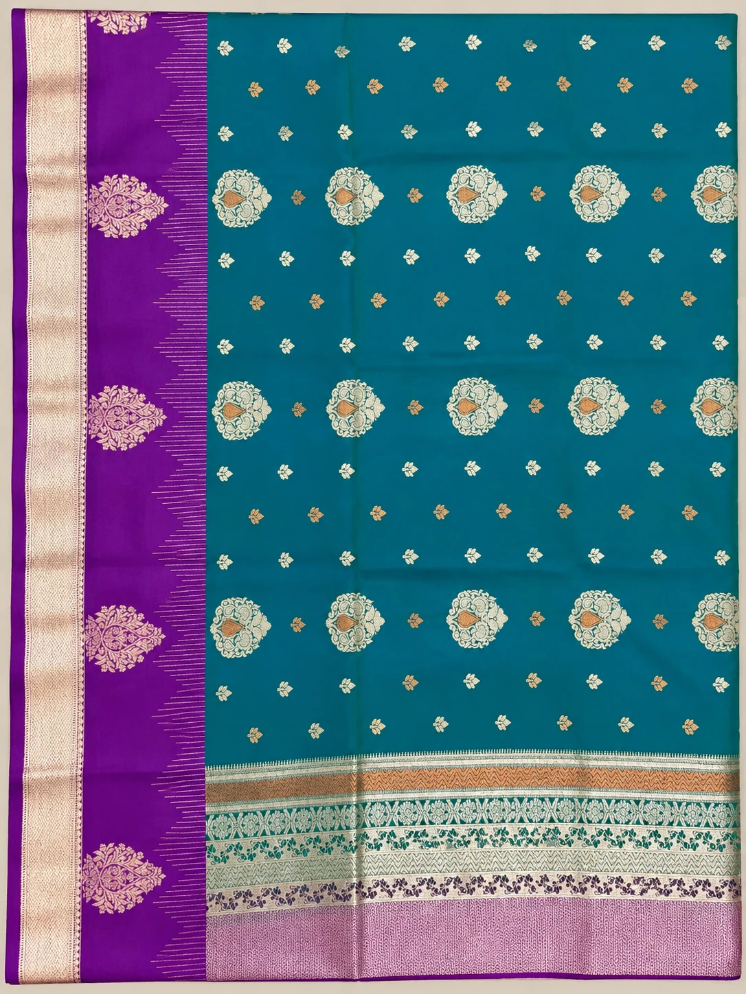 BMW  Teal Blue & Purple Zari Border Saree, view 3