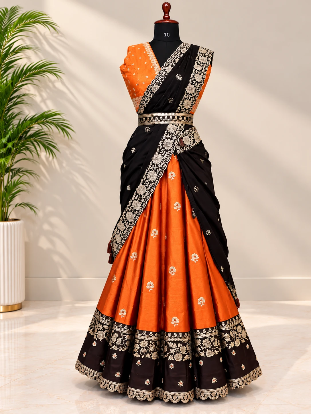 Rust Orange & Black Embroidered Half Saree
