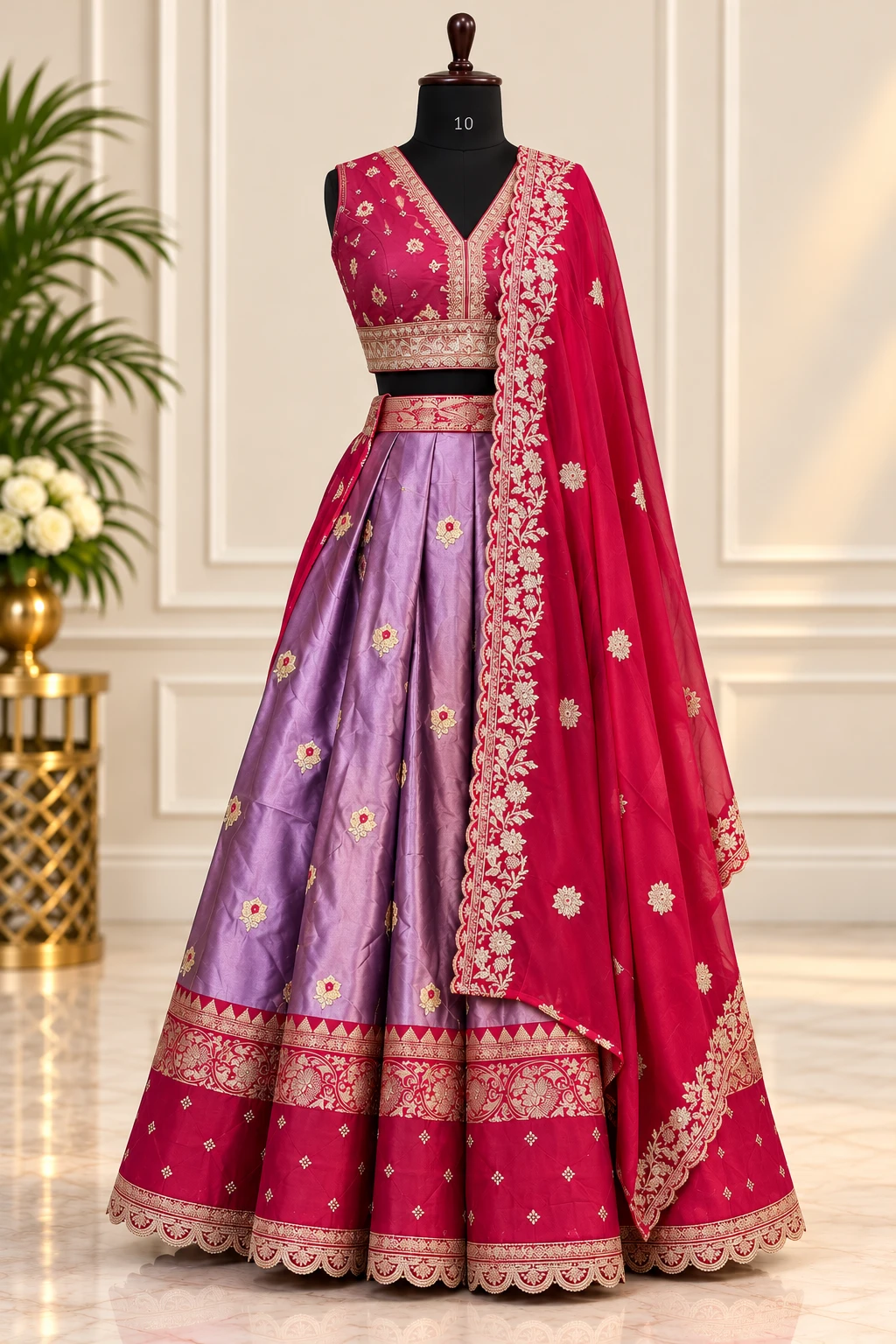 Royal Magenta Pink & Lavender Embroidered Half Saree
