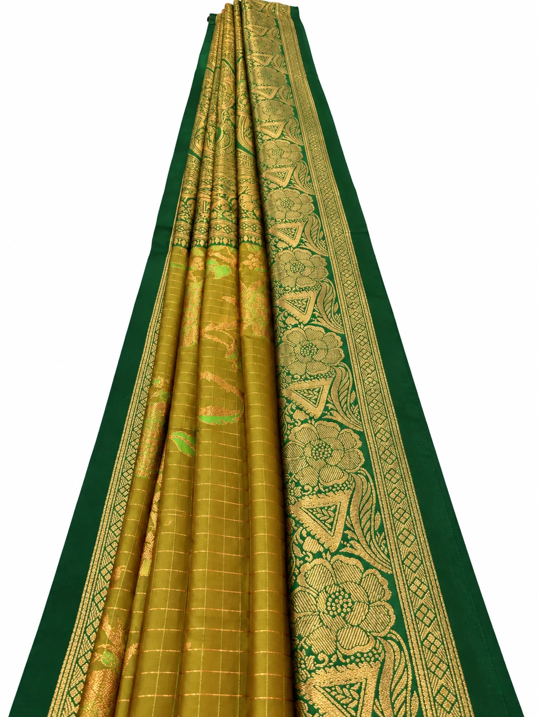 Olive Gold Saree with Dark Green Floral Border