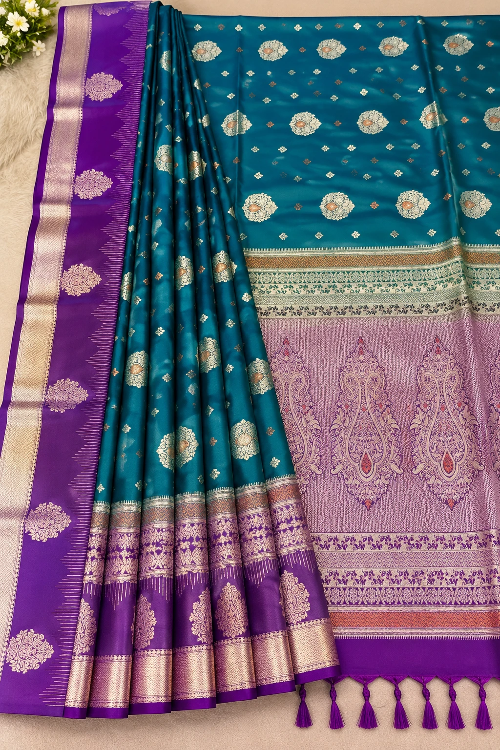 BMW Teal Blue & Purple Zari Border Saree
