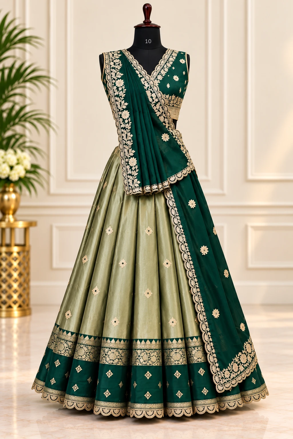 Royal Emerald Green & Olive Gold Half Saree
