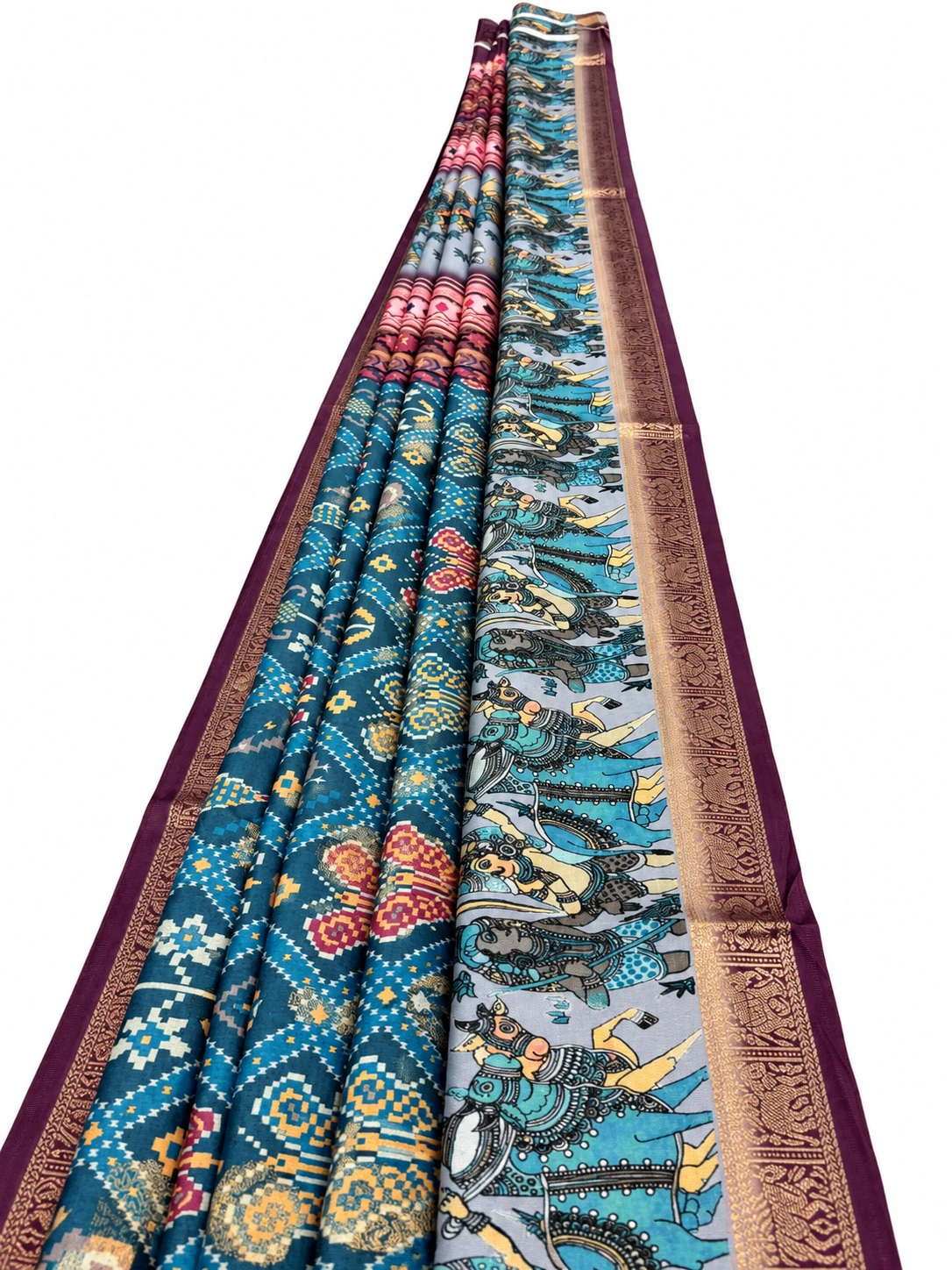 Teal Blue Designer Saree with Traditional Folk Art Border